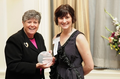 Nancy Keenan, president of Pro-Choice America, presented Sandra Fluke with the Stand Up for Choice Award for her amazing work speaking out for birth control in the face of "a panoply of personal attacks against her" by presenting her the organization's coveted inflated condom award. 
